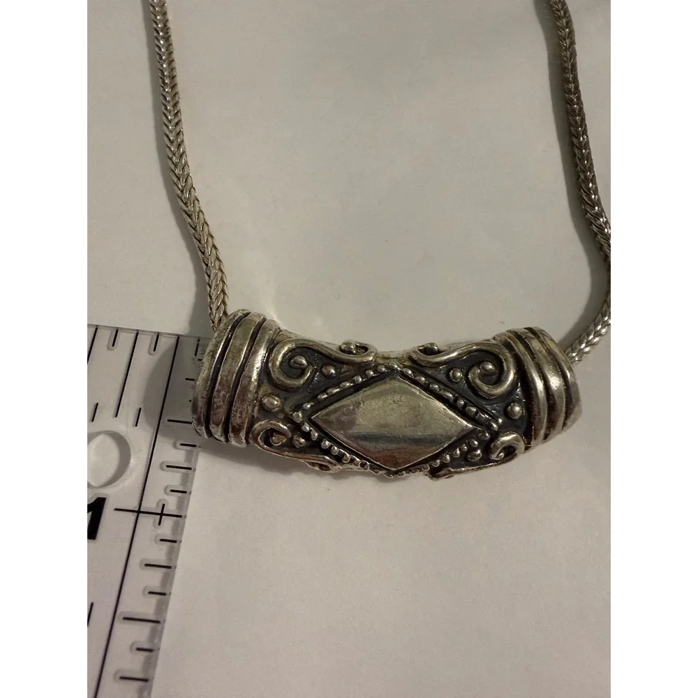 Vintage Ornate Silver Tone Scroll Slide Pendant Wheat Chain Necklace Boho 1.75in